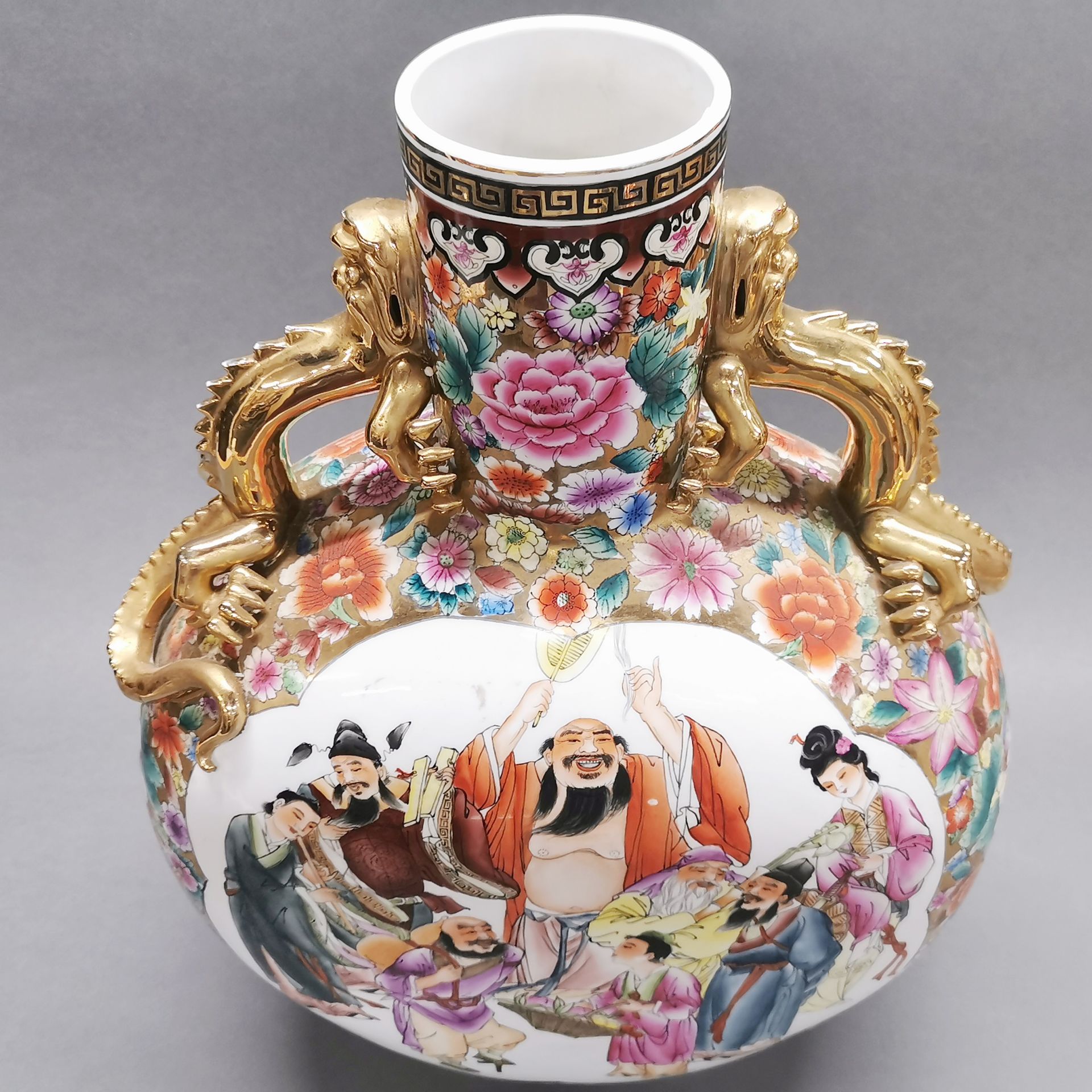 A very large Chinese hand painted porcelain and gilt moon vase, H. 60cm. - Image 3 of 4