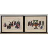 A pair of framed 19th century Chinese pith paper paintings in Peking palette of entertainment scenes