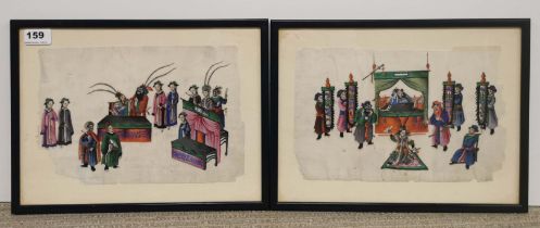 A pair of framed 19th century Chinese pith paper paintings in Peking palette of entertainment scenes