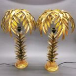 A pair of gilt metal palm tree table lamps, H. 74cm.