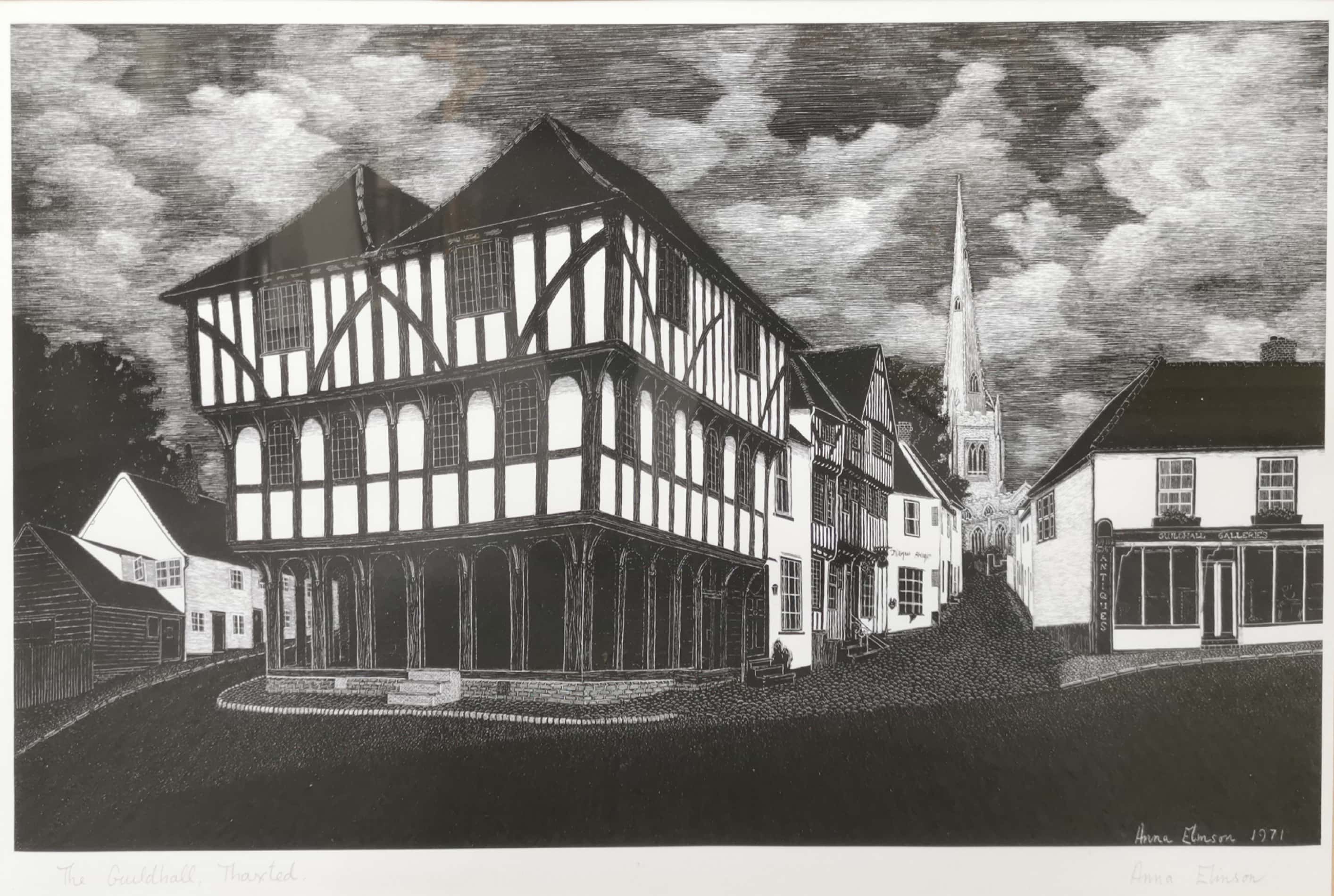 Anna Elinson (British). Pencil signed dry point etching of the guild hall, Thaxted. Frame size. 51cm - Image 2 of 3