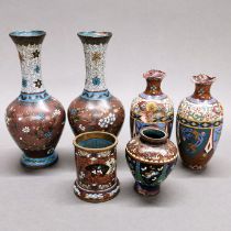 A group of 19thC Japanese cloisonne vases, tallest. 23cm A/F to some.