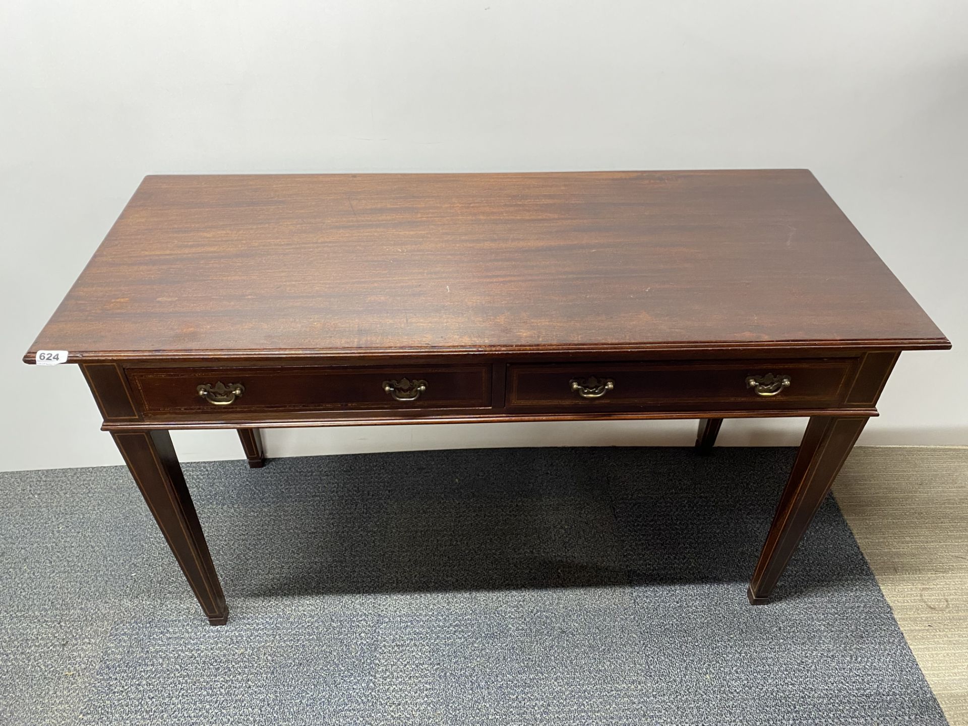 An Edwardian inlaid mahogany two drawer side table, W. 121cm, H. 70cm.