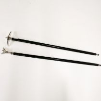 Two interesting walking sticks with spirit of ecstasy and jet aircraft handles, longest. 96cm.