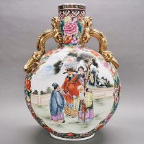 A very large Chinese hand painted porcelain and gilt moon vase, H. 60cm.