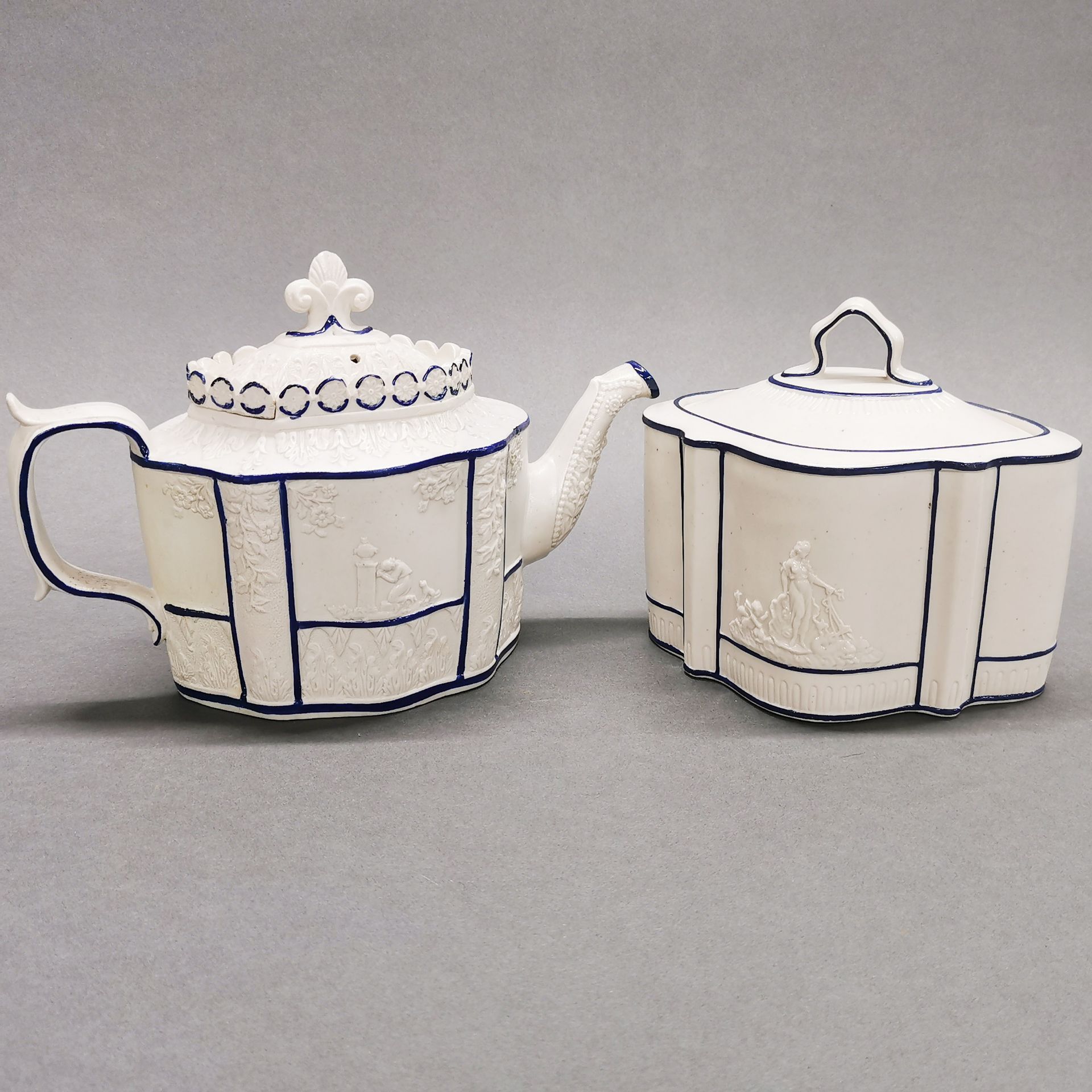 An early 19thC three piece tea set in classical design, tea pot H. 16cm. Stud repair to jug handle - Image 3 of 7
