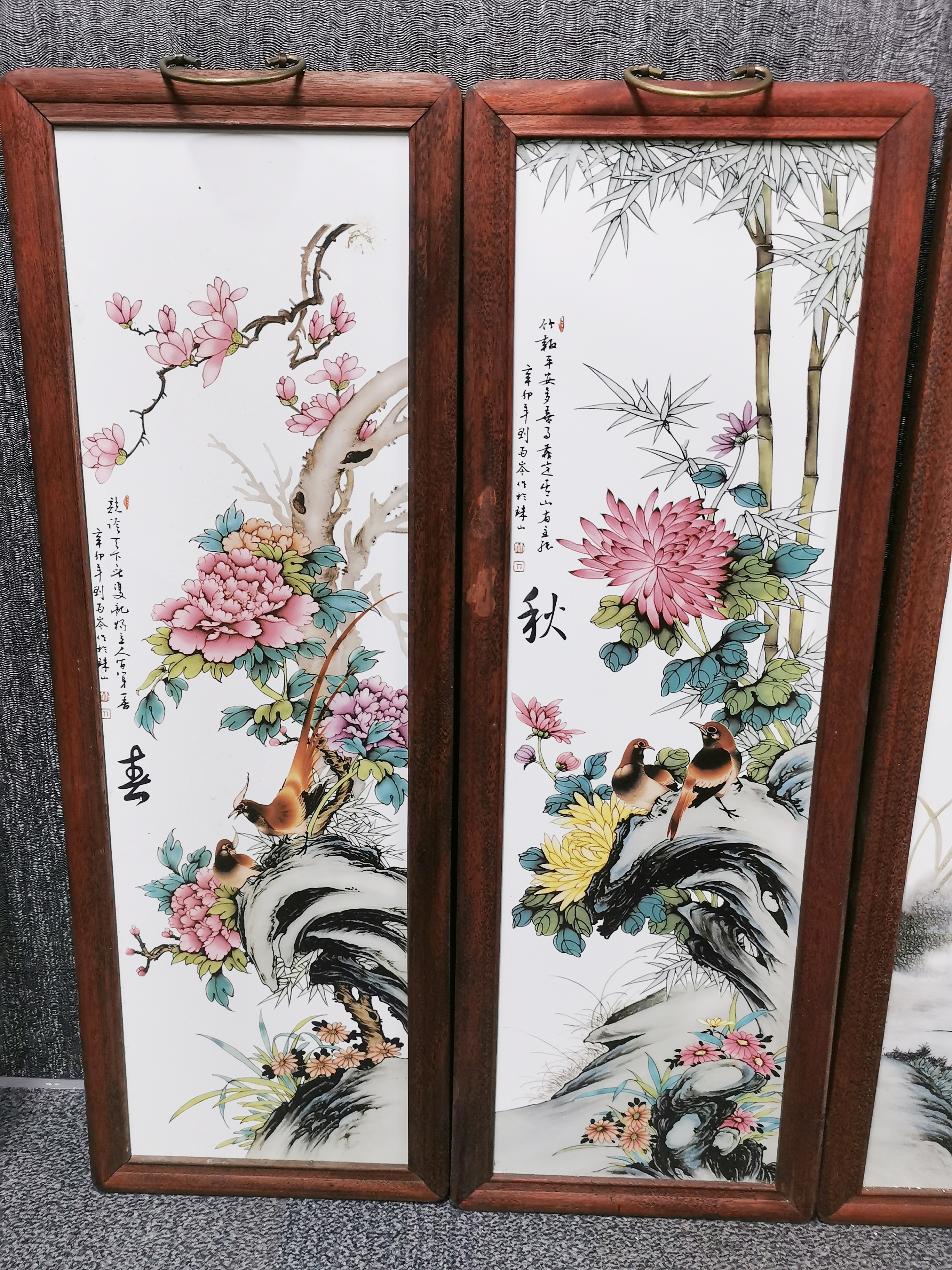 A hardwood framed set of four Chinese porcelain wall panels, H. 80cm. - Image 2 of 4