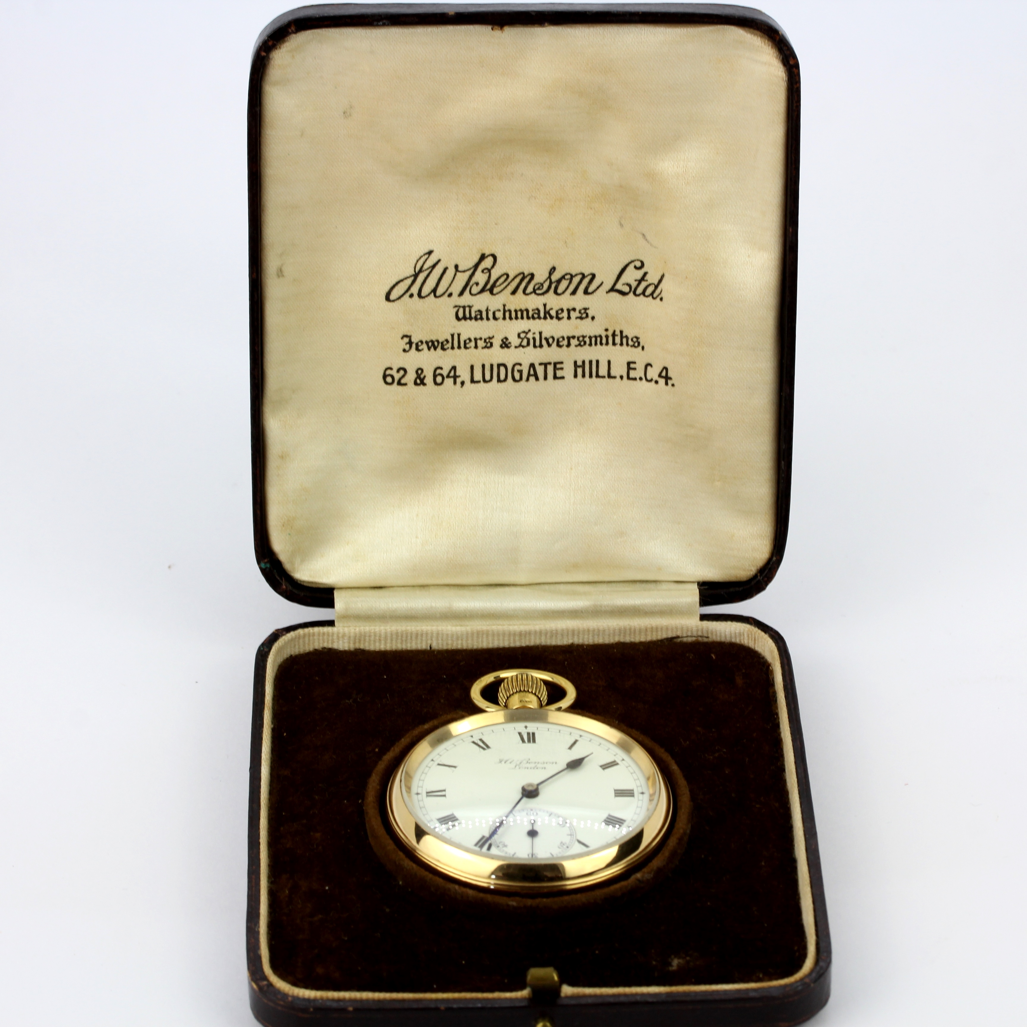 An 18ct yellow gold J. W. Benson open face pocket watch with original box, L. 6.7cm.