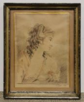 A framed French pencil drawing of a young woman signed L. Faure, 1984. Frame size 25 x 30cm.
