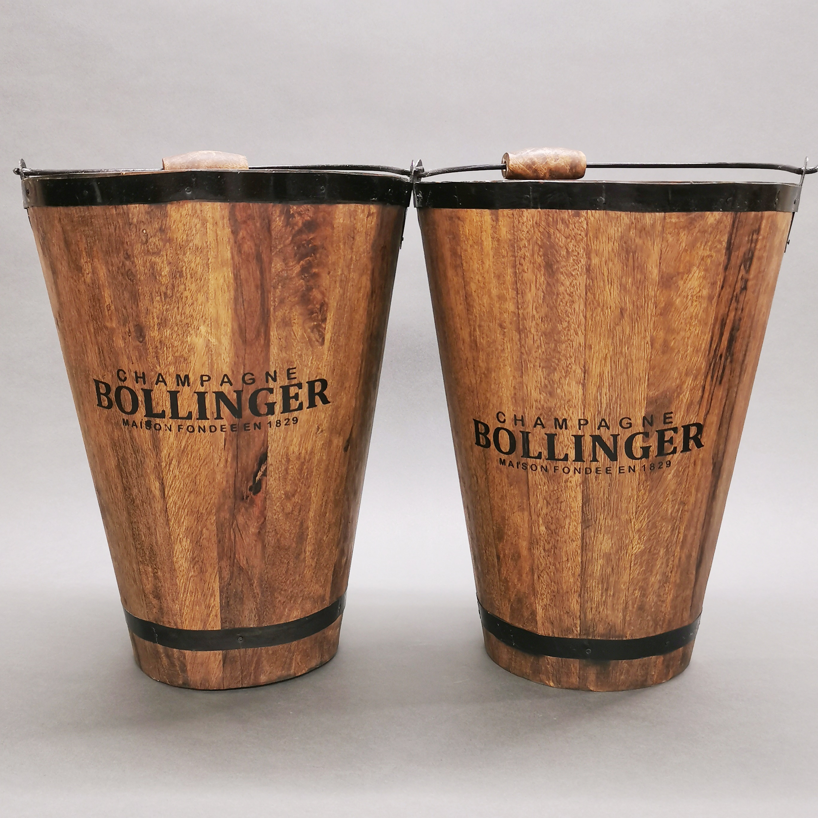 Two wooden champagne advertising buckets, H. 40cm.