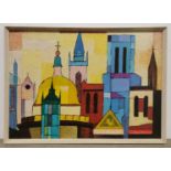 An interesting 1960's framed oil on board, frame size 56 x 79cm.