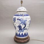 A large Chinese hand painted porcelain jar and lid mounted as a table lamp, H. 60cm. (A/F to lid)