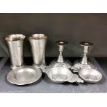 A group of seven good pewter items, beaker H. 15cm