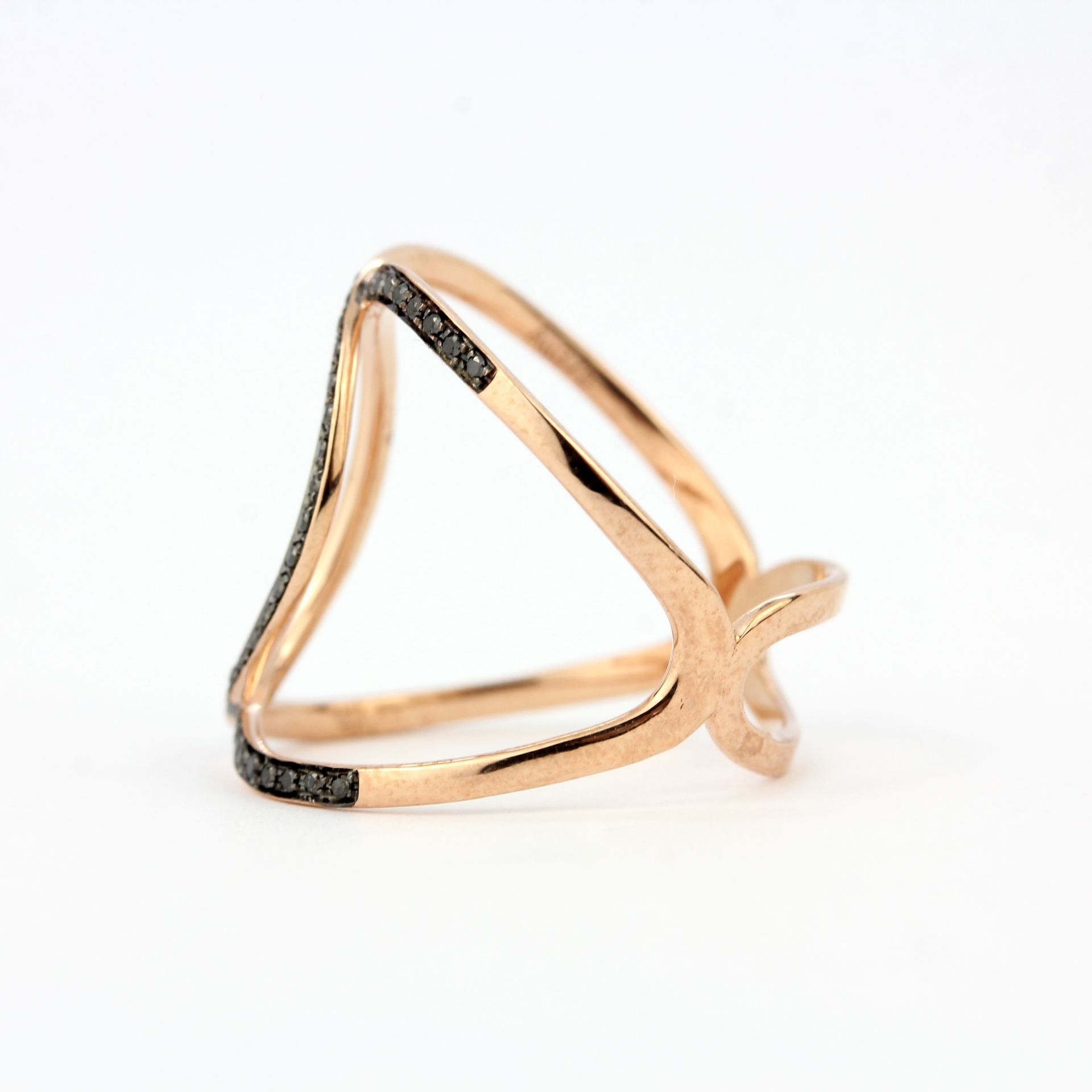 A 9ct rose gold ring set with brilliant cut fancy black diamonds, ring size N.5. - Image 3 of 3