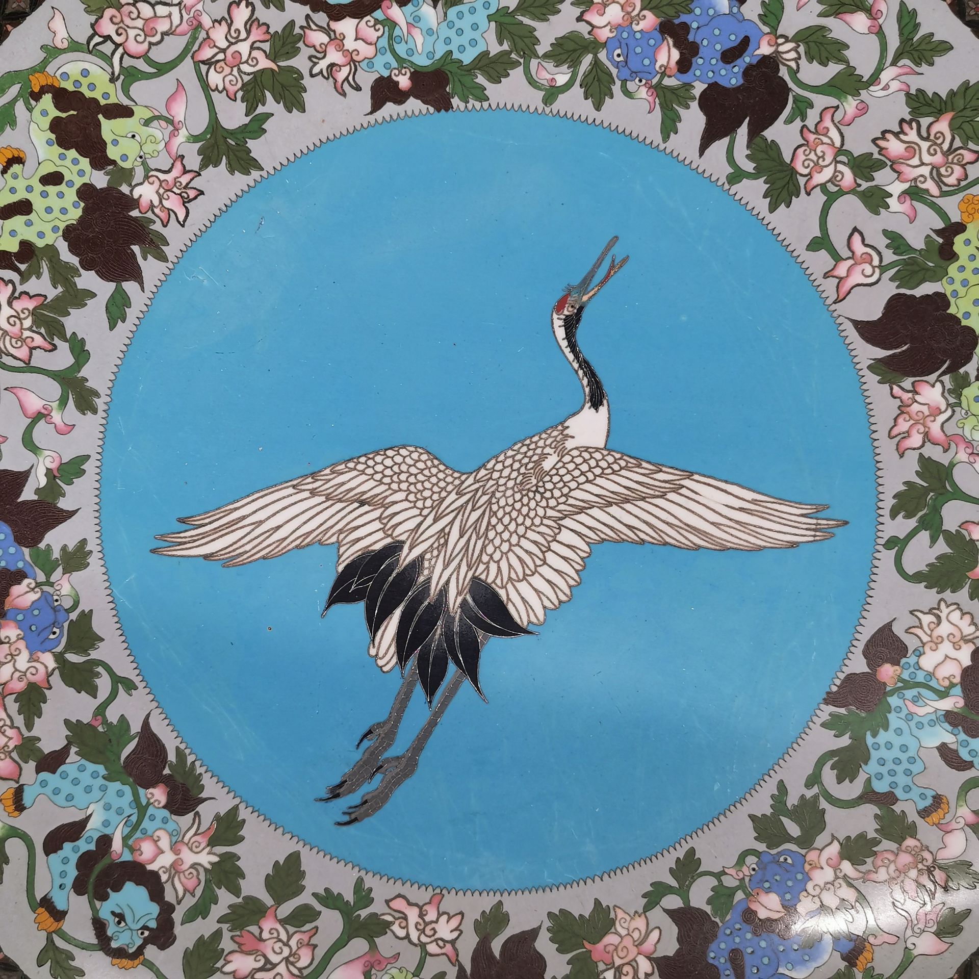 A 19th century Japanese cloisonne charger, Dia. 45cm. Slightly distorted and A/F to reverse. - Image 2 of 4