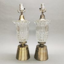 A pair of interesting brushed brass and glass table lamp bases, H. 49cm.