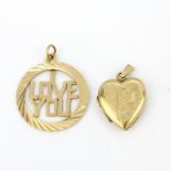 A 9ct yellow gold pendant together with a 9ct back and front locket pendant, L. 3cm and 2.5cm.