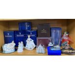 Four boxed Royal Doulton figurines, a crystal Taj Mahal, and other items.