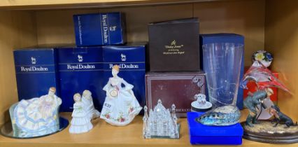 Four boxed Royal Doulton figurines, a crystal Taj Mahal, and other items.