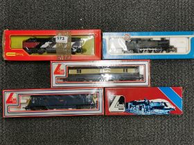 Three boxed Lima 00 gauge locomotives, one Hornby and one Airfix.