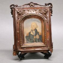 A 19thC framed coloured print of Lord Nelson in original bronzed hammered tin frame, frame size.