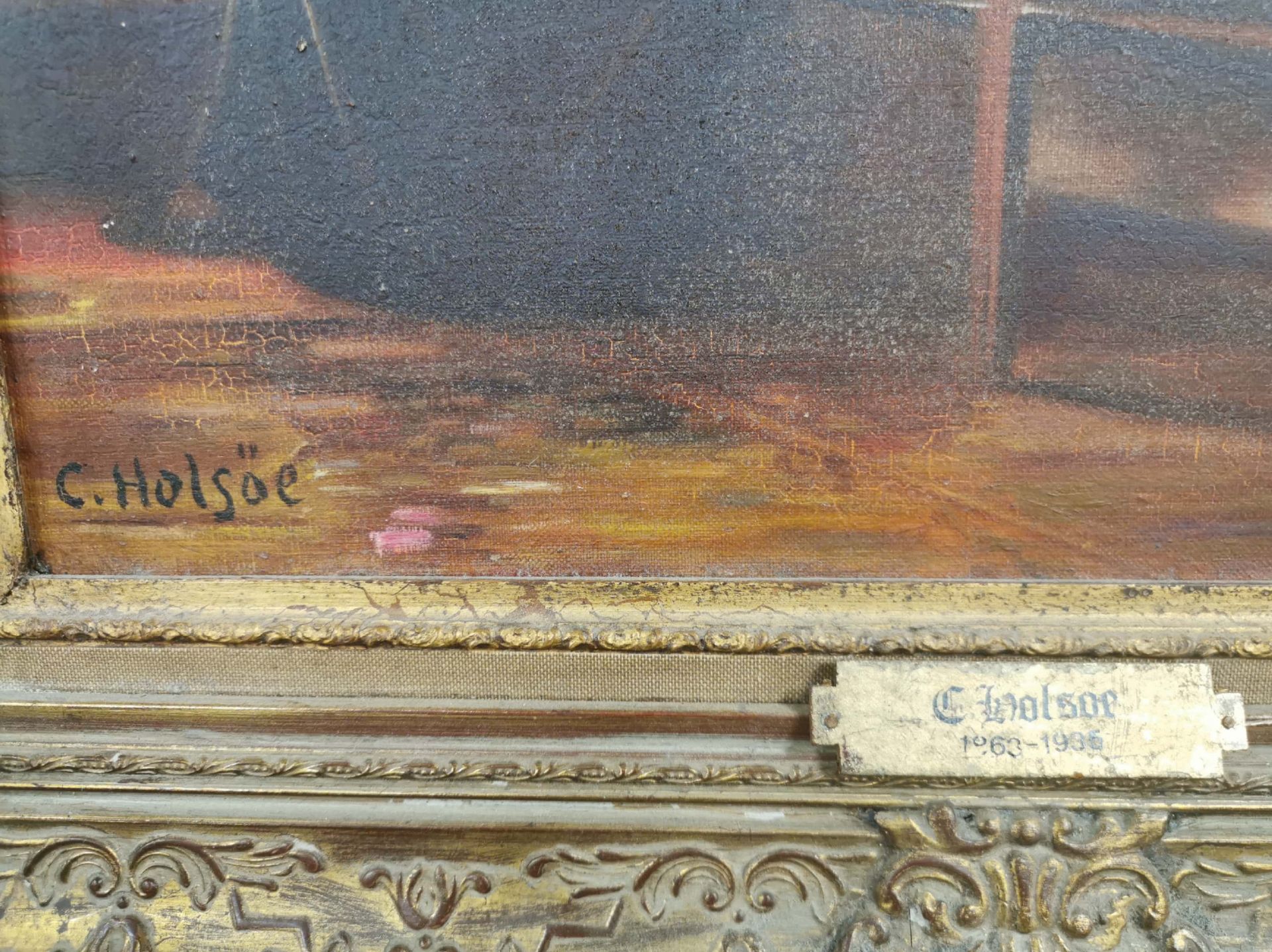 A gilt framed oil on canvas interior scene after C. Holsoe (1863-1935), frame size 68 x 77cm. - Image 3 of 4