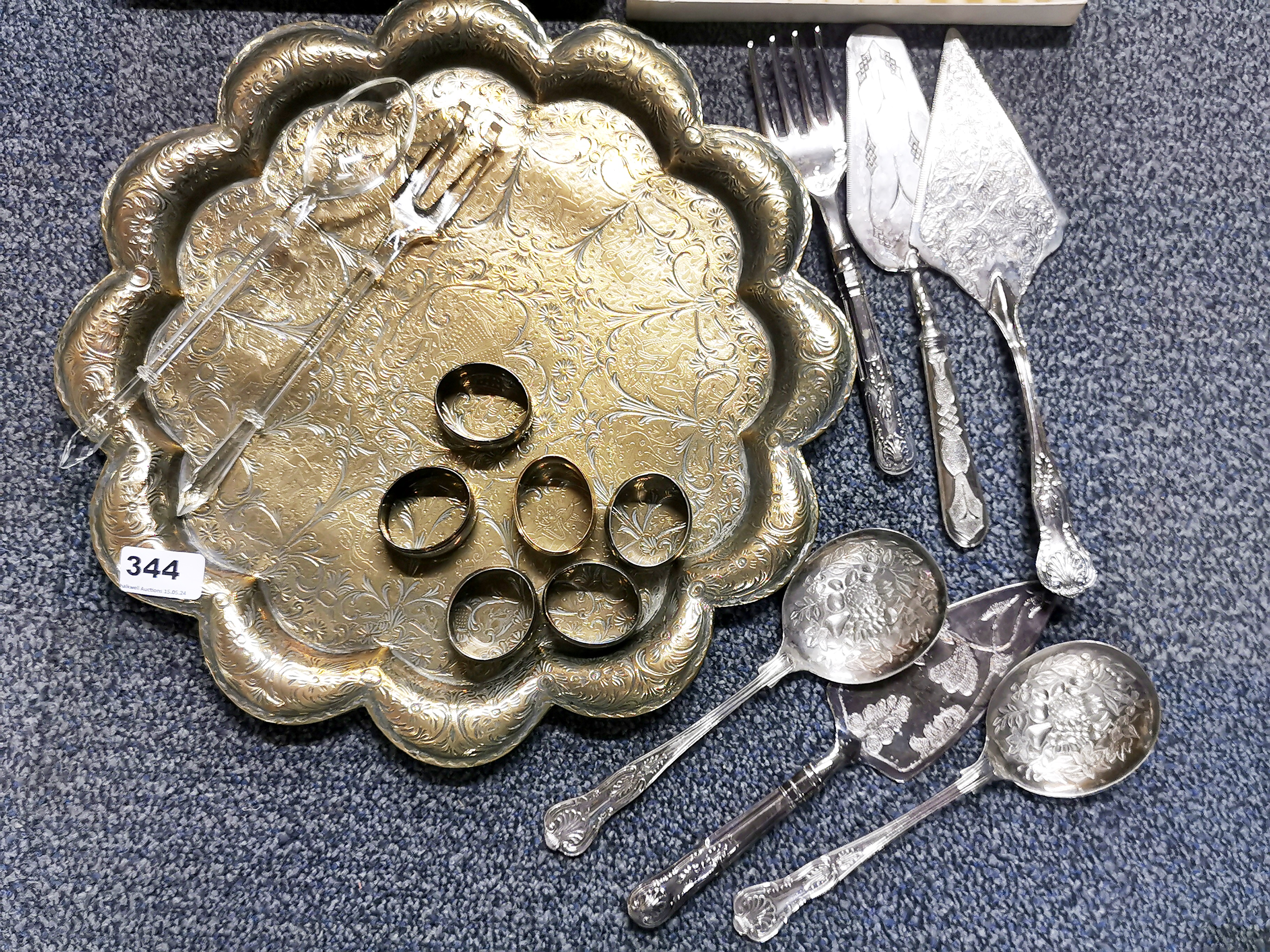 An engraved Indian brass tray, dia 38cm. Together with a group of silverplated items. - Image 2 of 3