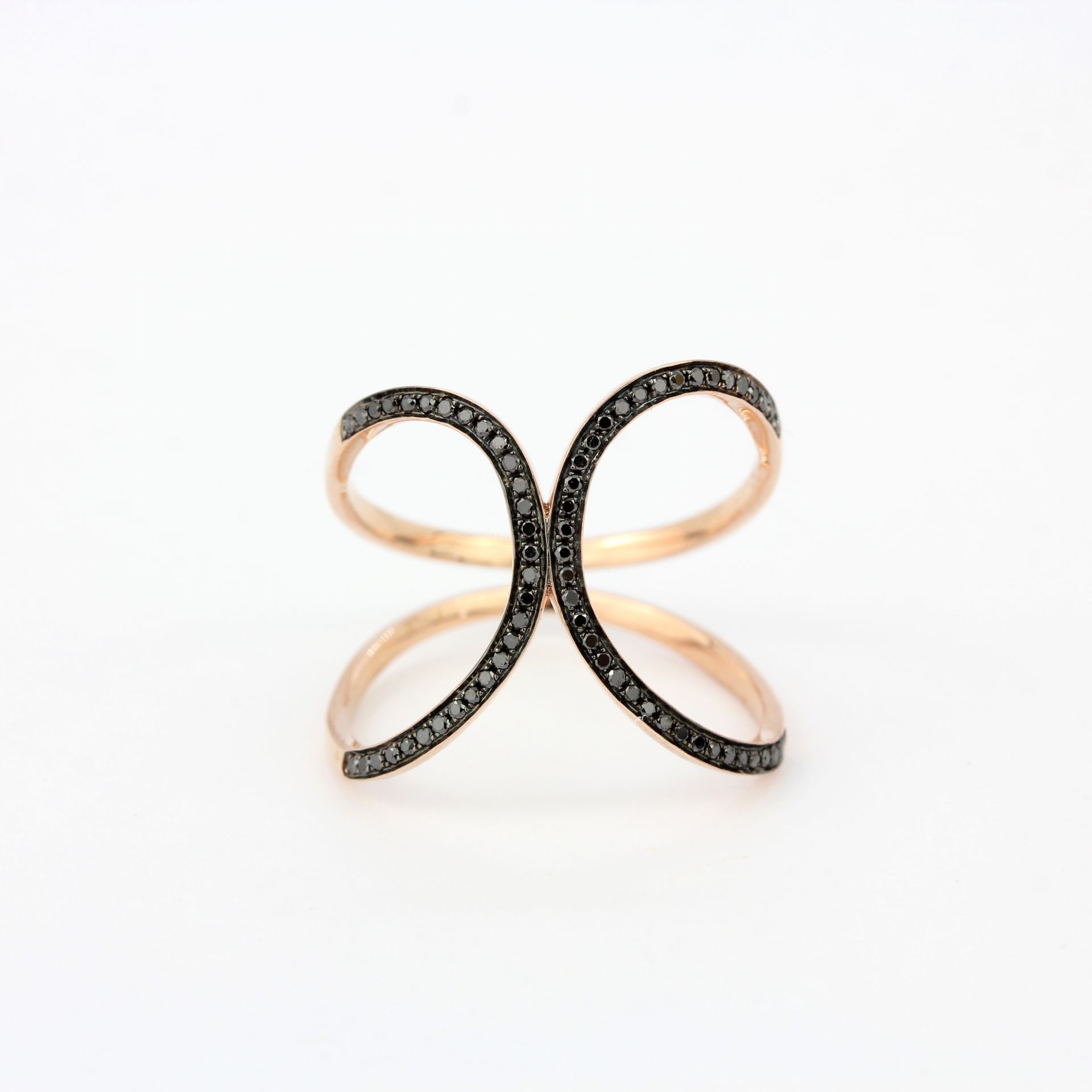 A 9ct rose gold ring set with brilliant cut fancy black diamonds, ring size P.5. - Image 2 of 3