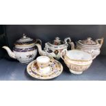 A group of early English porcelain items. Lustre tea pot lid repaired and blue and gold lid