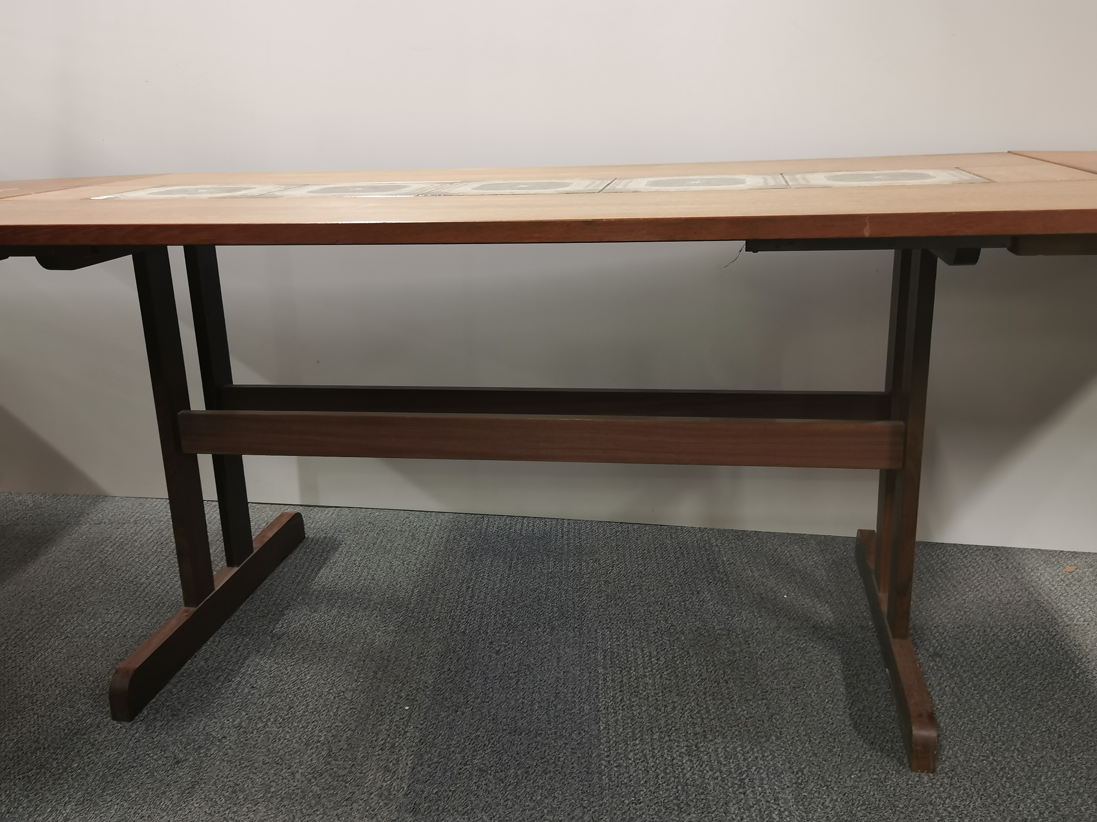 A 1970's tile topped teak drop leaf extending dining table, overall 255 x 87cm. - Image 7 of 7