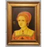 A framed oil on oak panel of an Elizabethan woman. Appears to be antique but not of the period,