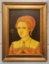 A framed oil on oak panel of an Elizabethan woman. Appears to be antique but not of the period,