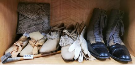 Three pairs of lady's antique shoes with leather gloves, handkerchief case and riding crop.