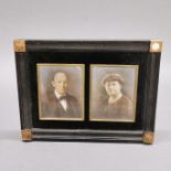 An early 20thC photo frame containing hand tinted photographs of a lady and gentleman, frame size.