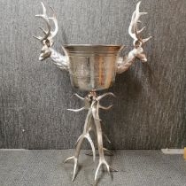 An impressive large Stag and antler design silvered metal champagne bucket stand, H. 107cm.
