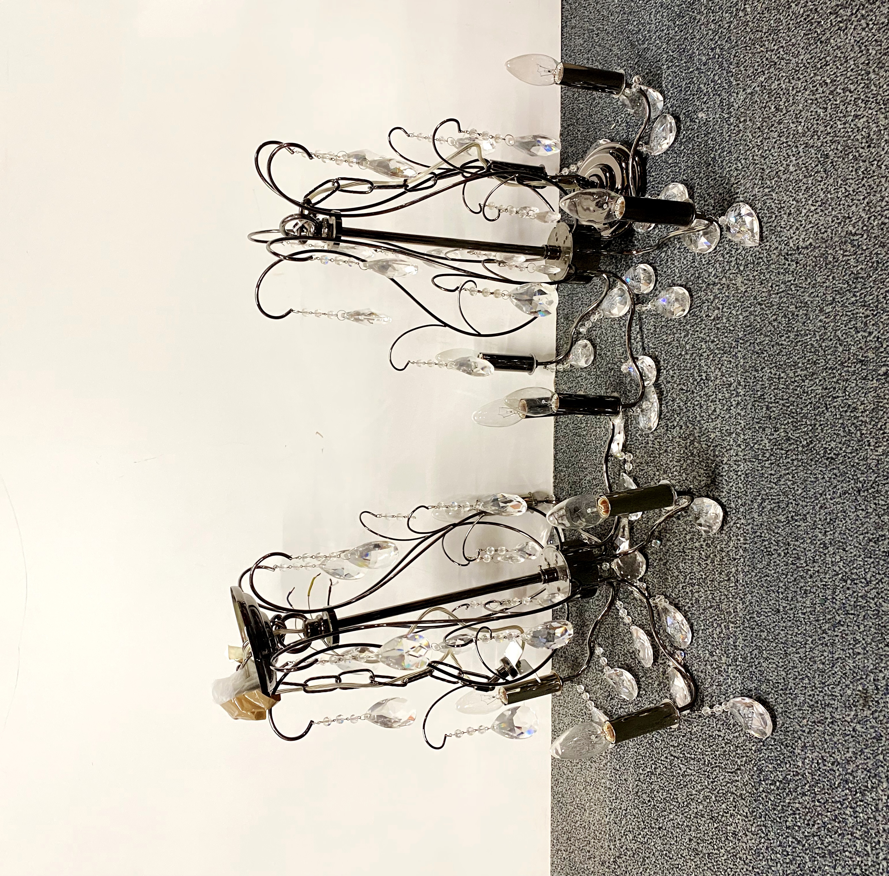 A pair of crystal and anodized chrome five branch chandelier candle light fittings, H. 49cm. - Image 2 of 2