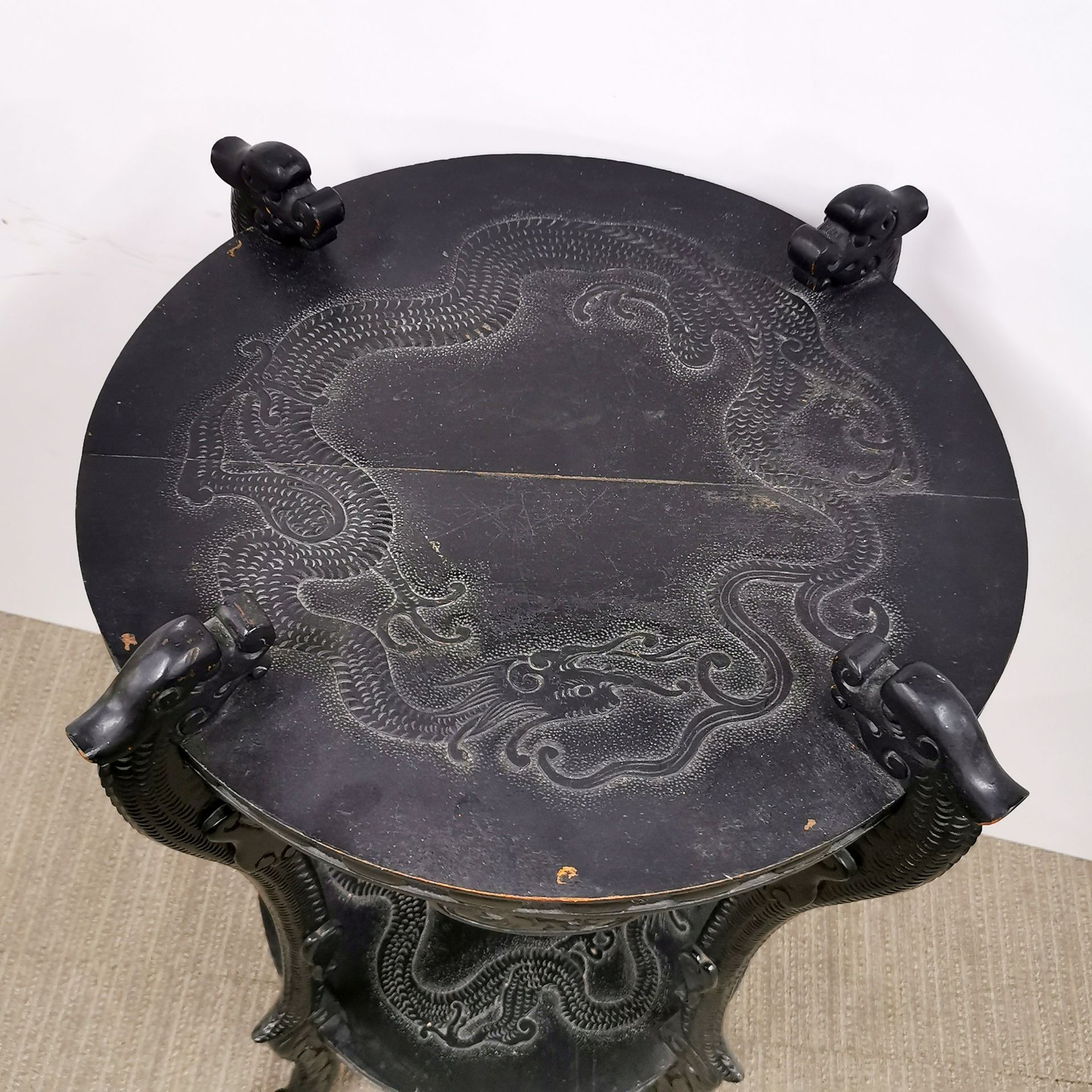 An oriental carved wooden side table decorated with dragons, W. 55cm, H. 77cm. - Image 3 of 3