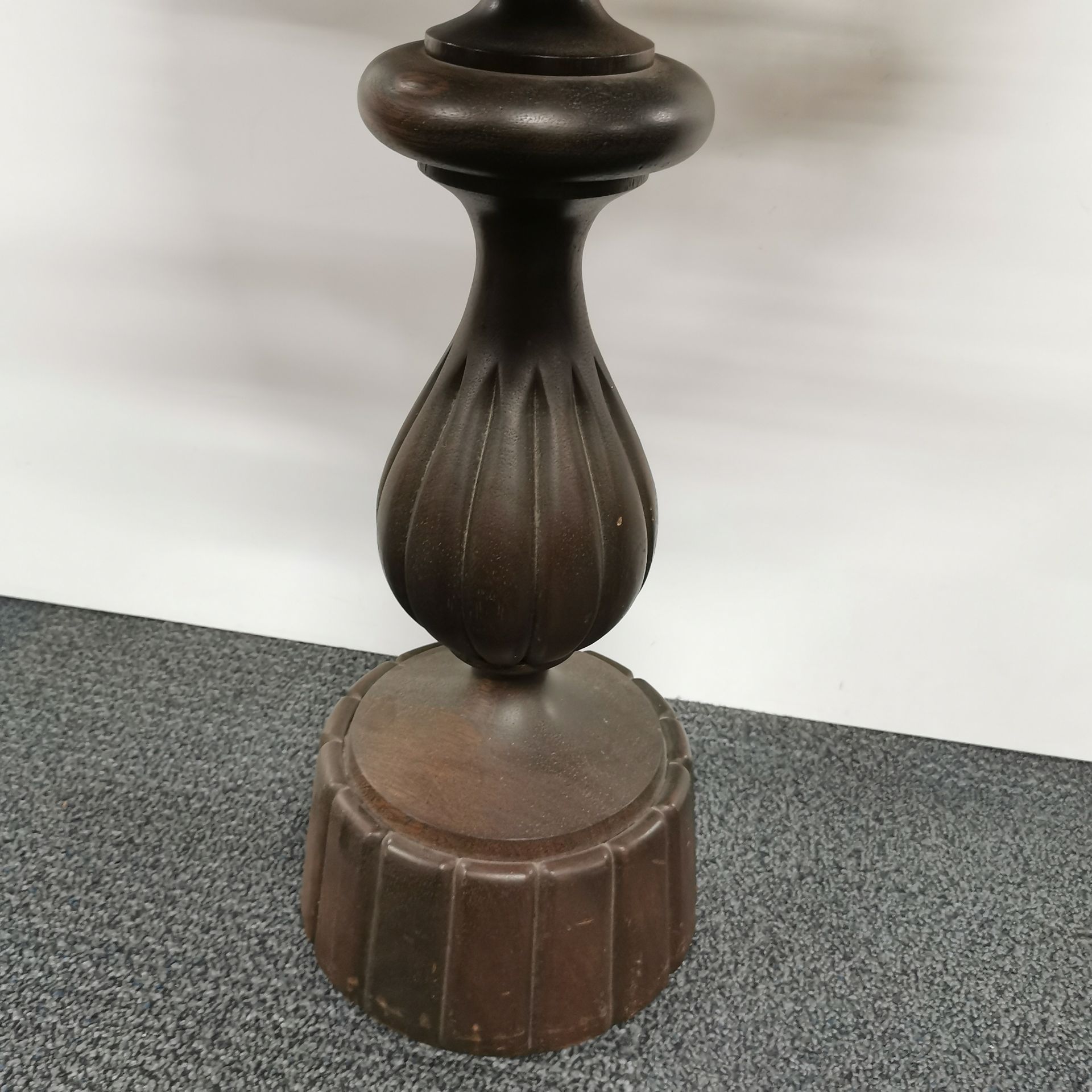 An impressive carved oak table lamp and shade, overall H. 110cm. - Image 3 of 4