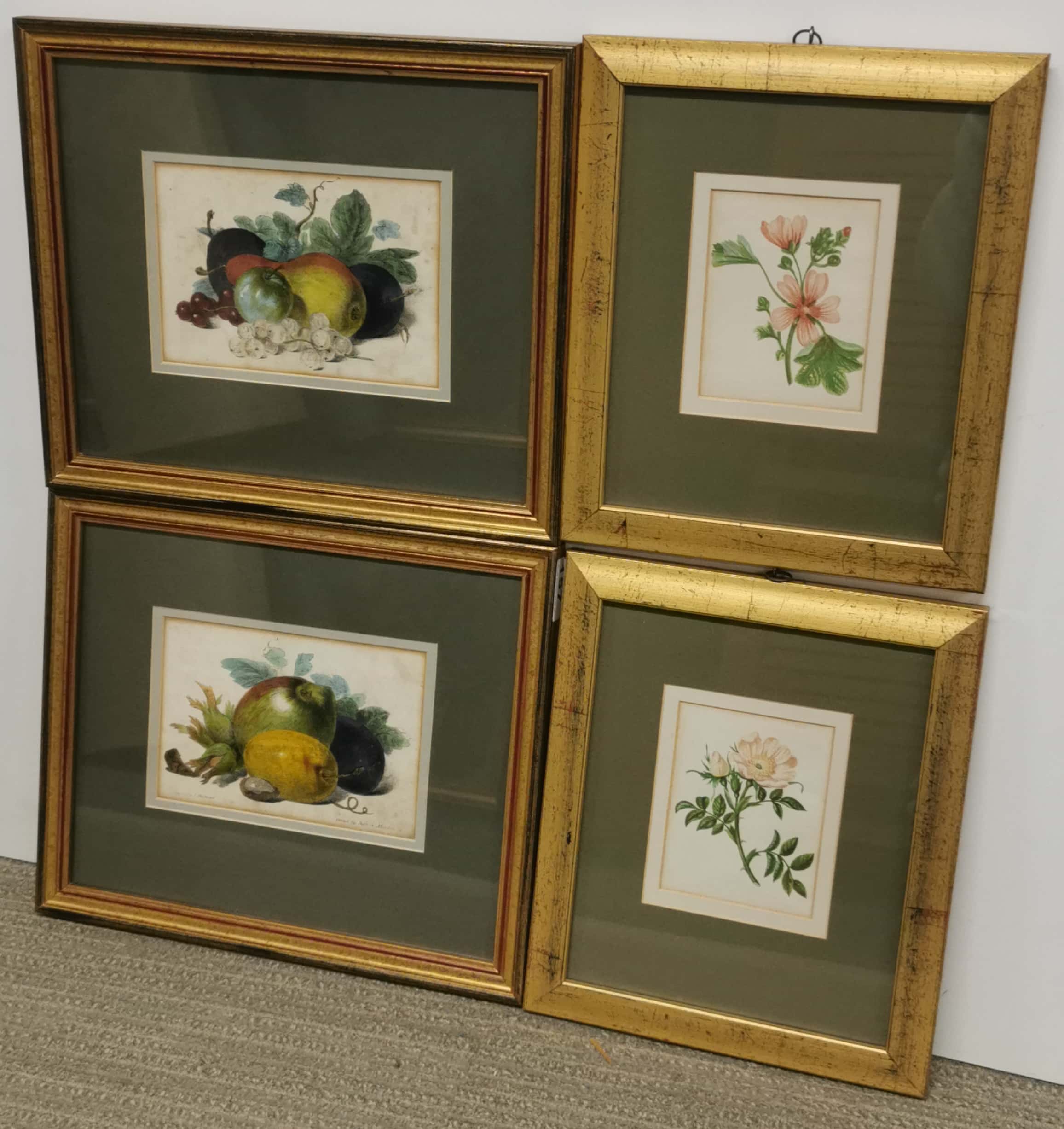 Four gilt framed 19th century prints of flowers and fruit, largest frame size 34 x 29cm.