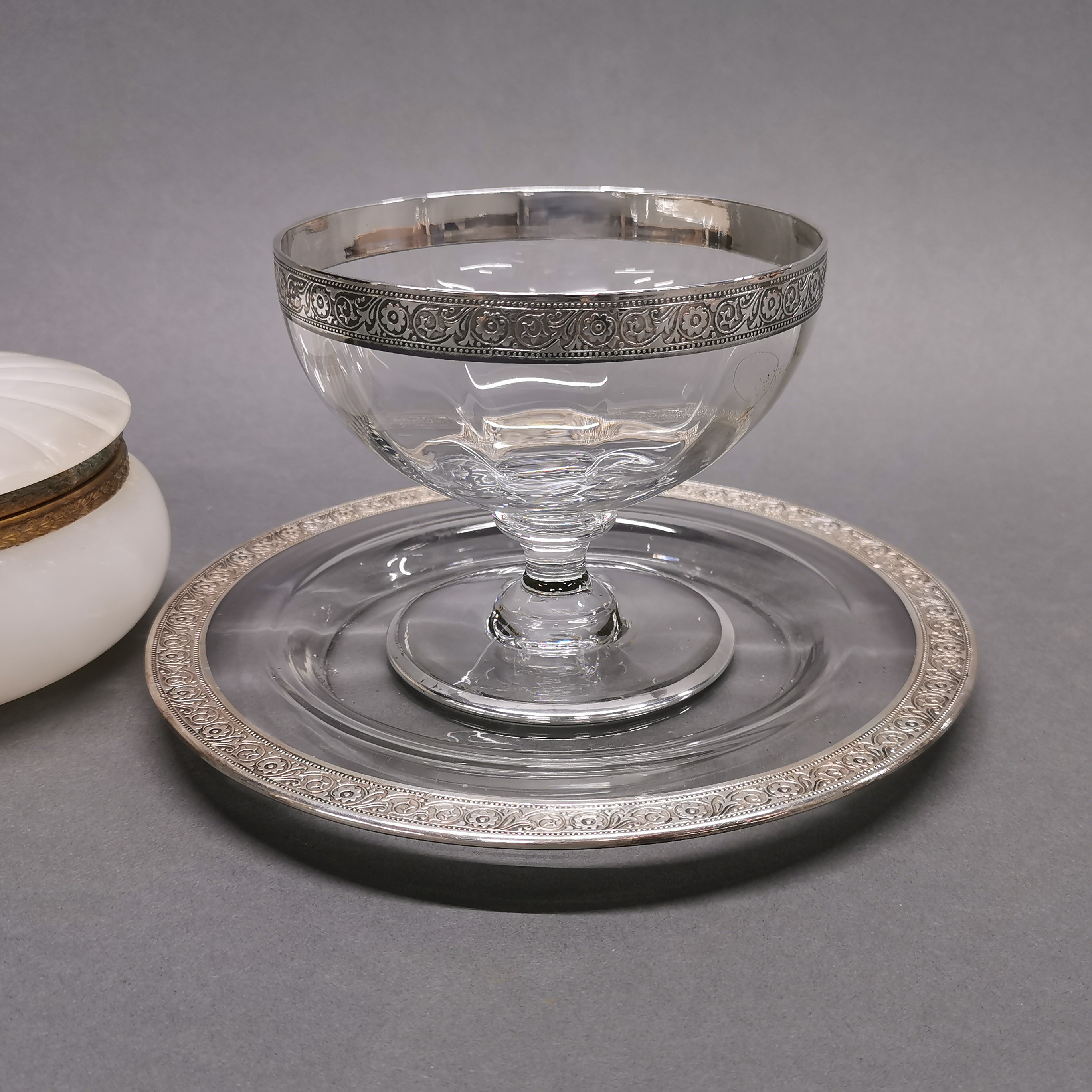 Two silver rimmed glass items, largest dia 22cm. Together with a gilt mounted alabaster box. - Image 2 of 3