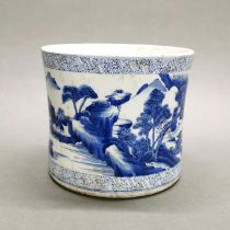A Chinese hand painted porcelain brush pot, H. 17cm, Dia. 19cm.