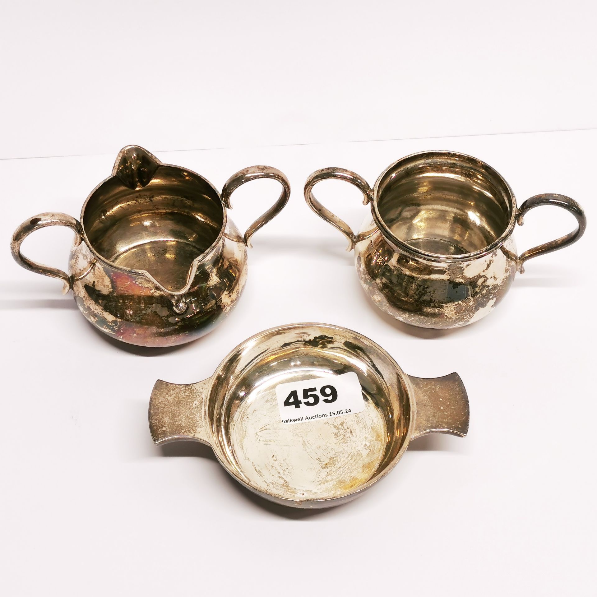 A double pouring hallmarked silver cream jug with sugar bowl and hallmarked silver quaich. - Image 2 of 5