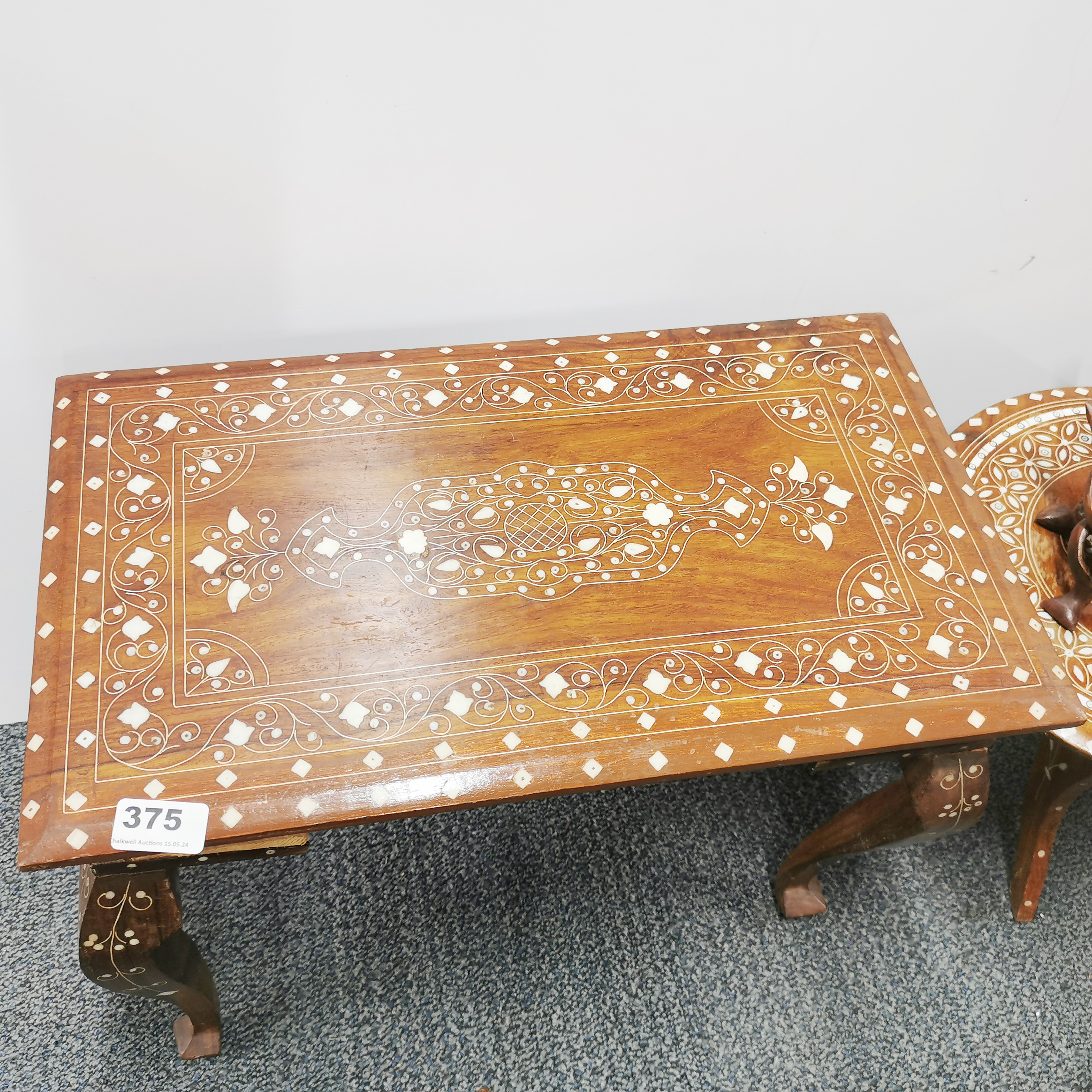 A group of Indian inlaid tables and puzzle bowl stands, largest table 30 x 50 x 38cm. - Image 4 of 4