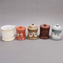 Four 19thC tobacco jars (some restoration) H. 14cm. Together with a 19thC tankard.