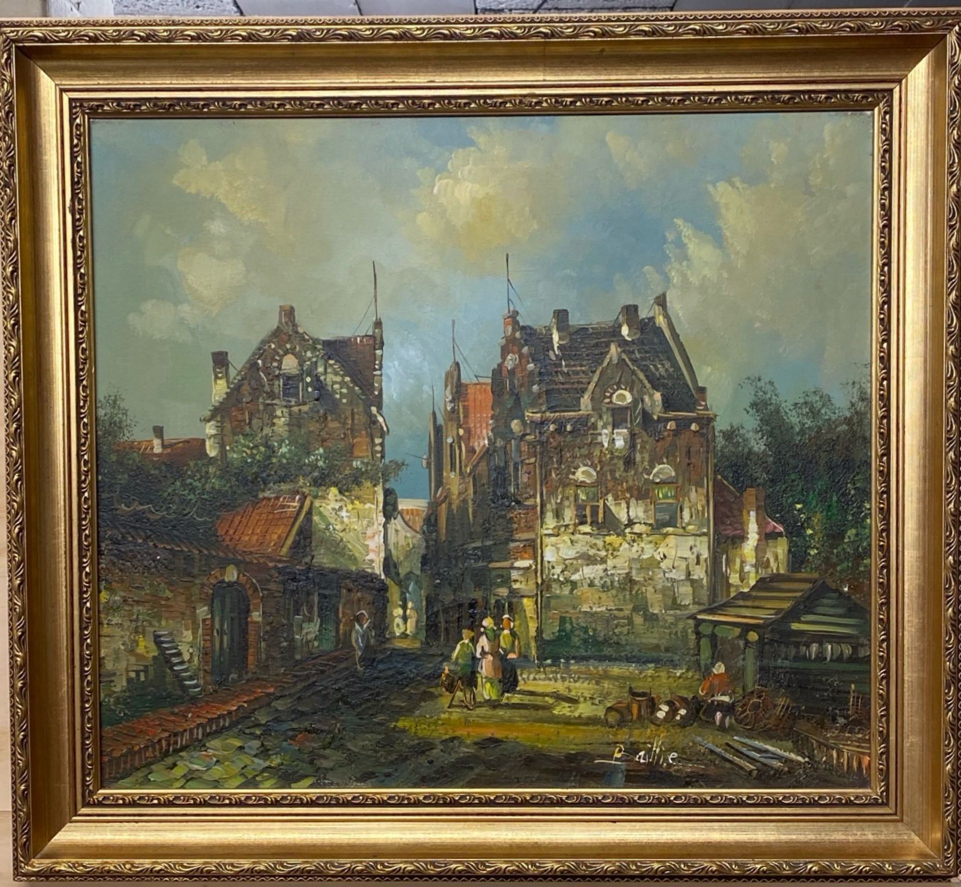 A large gilt framed oil on canvas signed Baillie, 74 x 64cm.