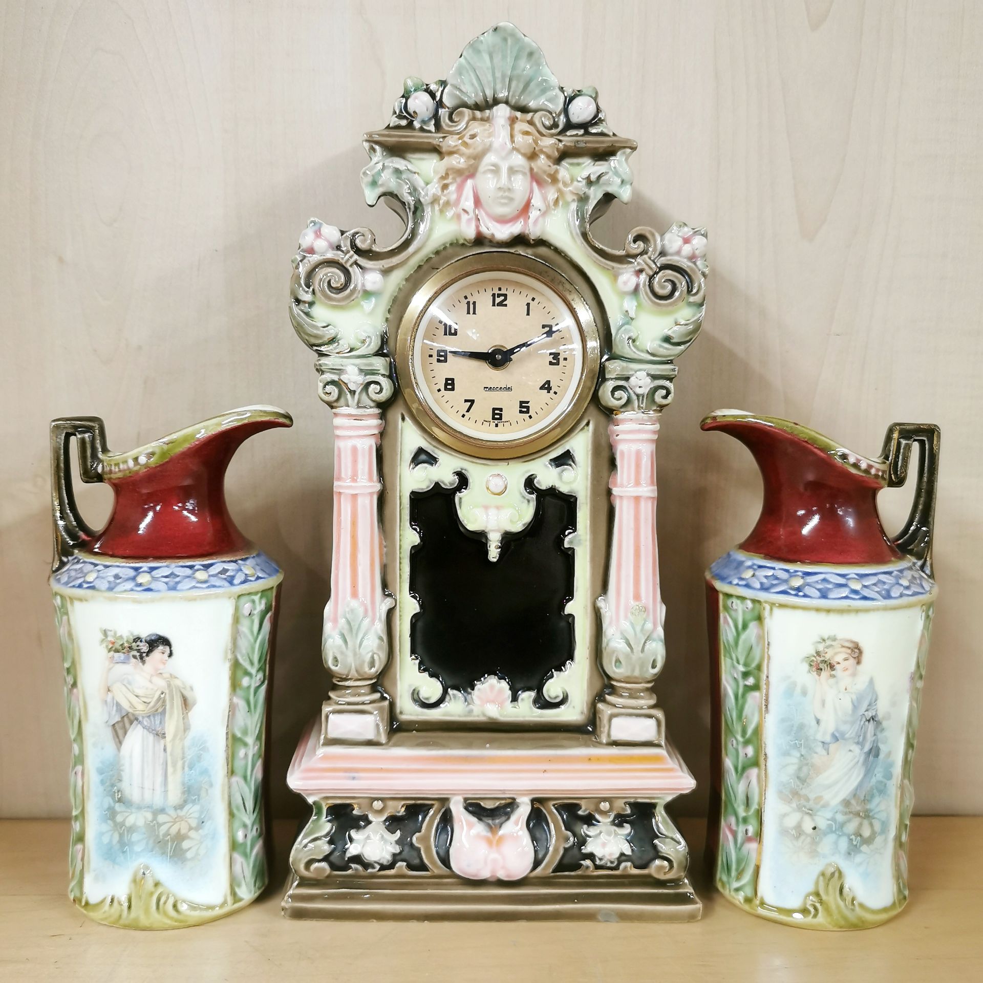 A pair of glazed ceramic portrait plaques, H. 24cm. Together with a ceramic clock and a pair of - Image 2 of 4