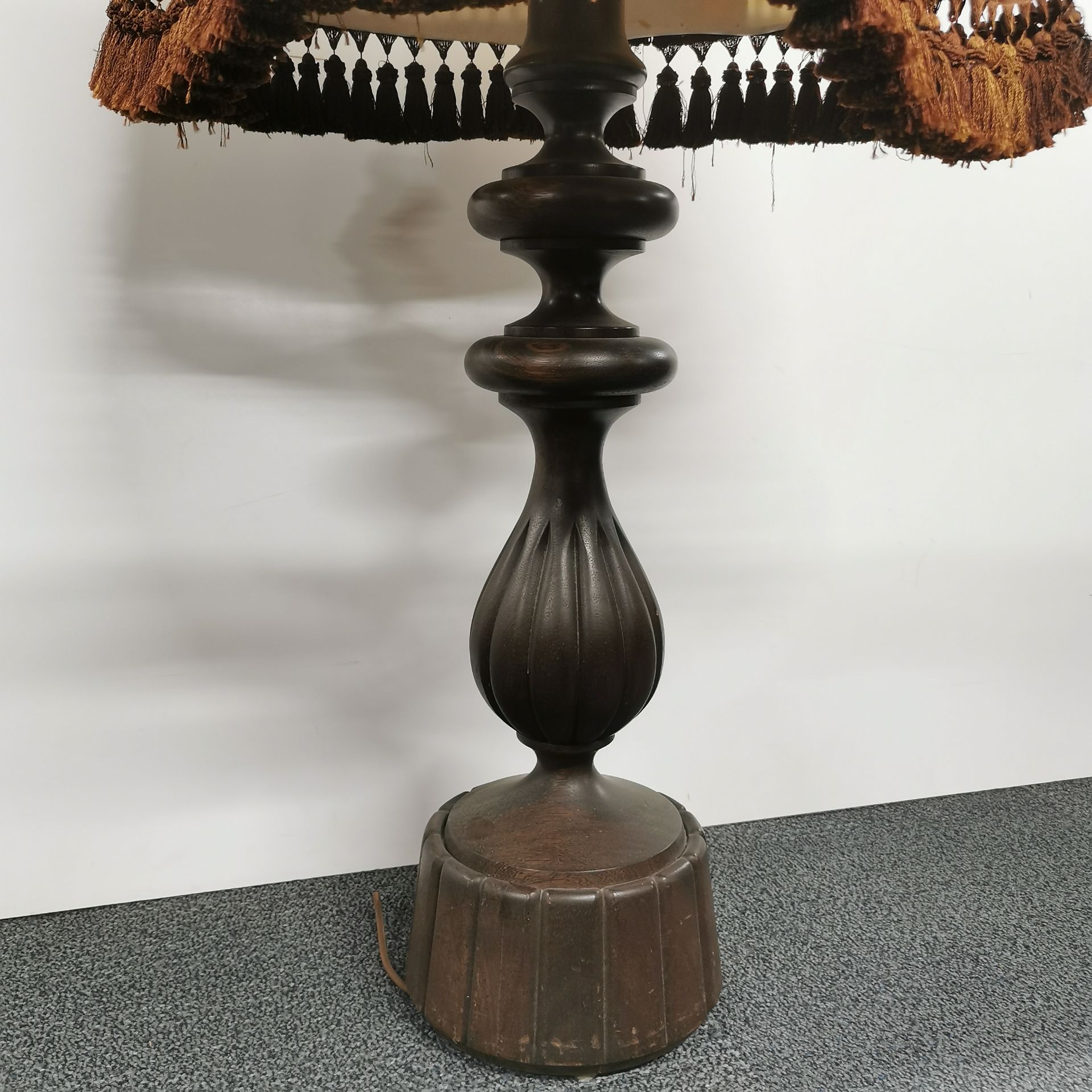 An impressive carved oak table lamp and shade, overall H. 110cm. - Image 2 of 4