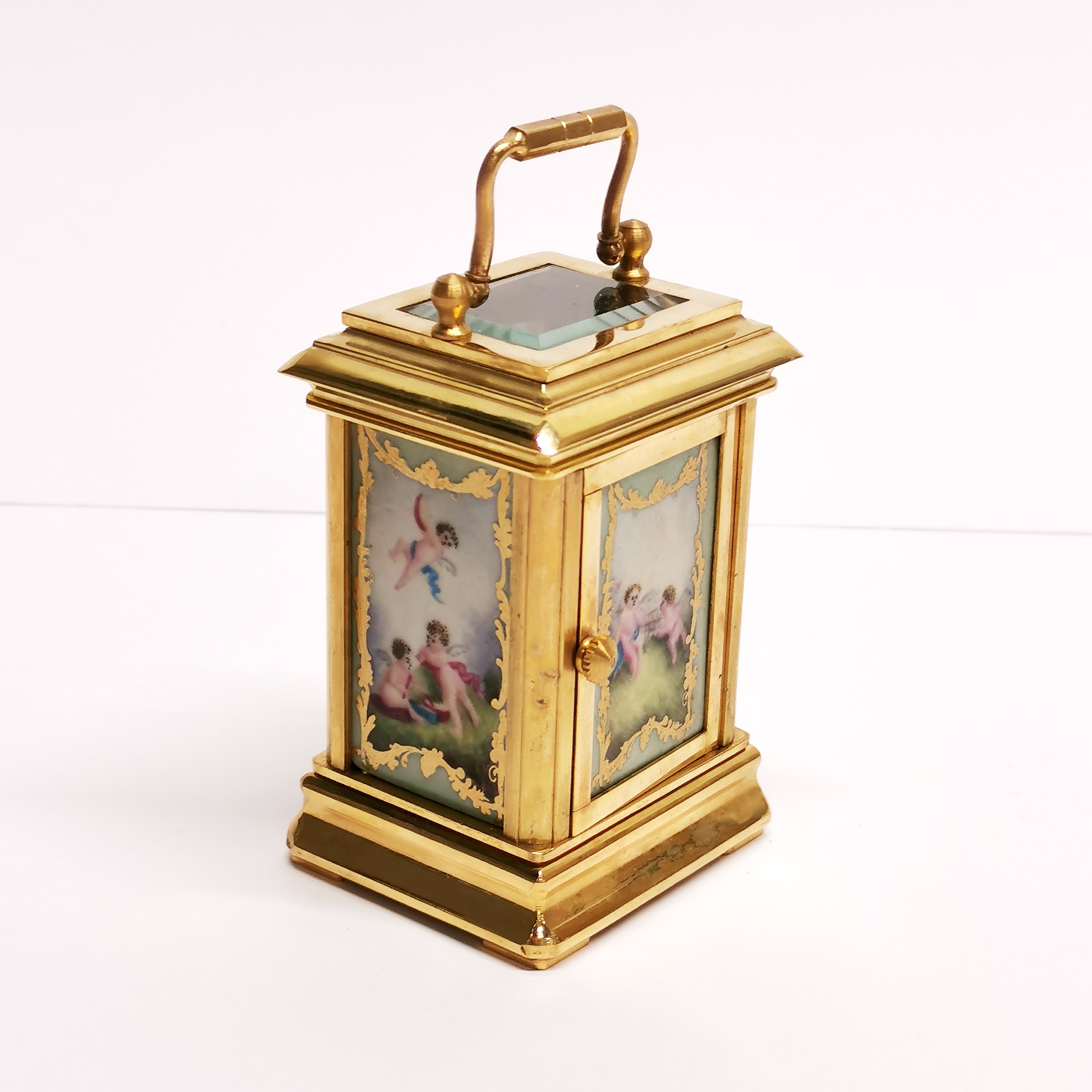 A small gilt brass carriage clock with porcelain panels, H. 10cm. - Image 2 of 3