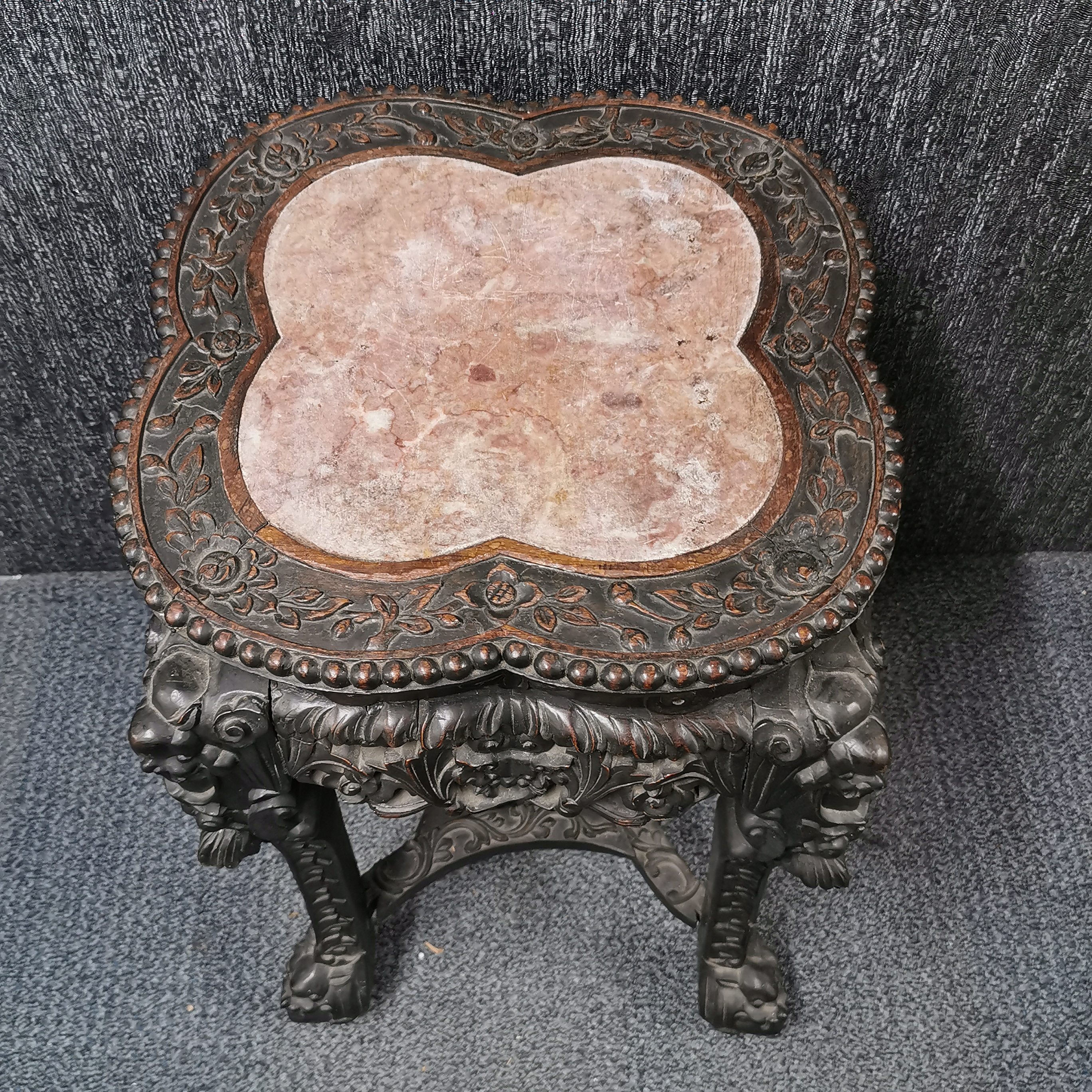 A Chinese marble topped carved hardwood table, H. 60cm. - Image 2 of 4
