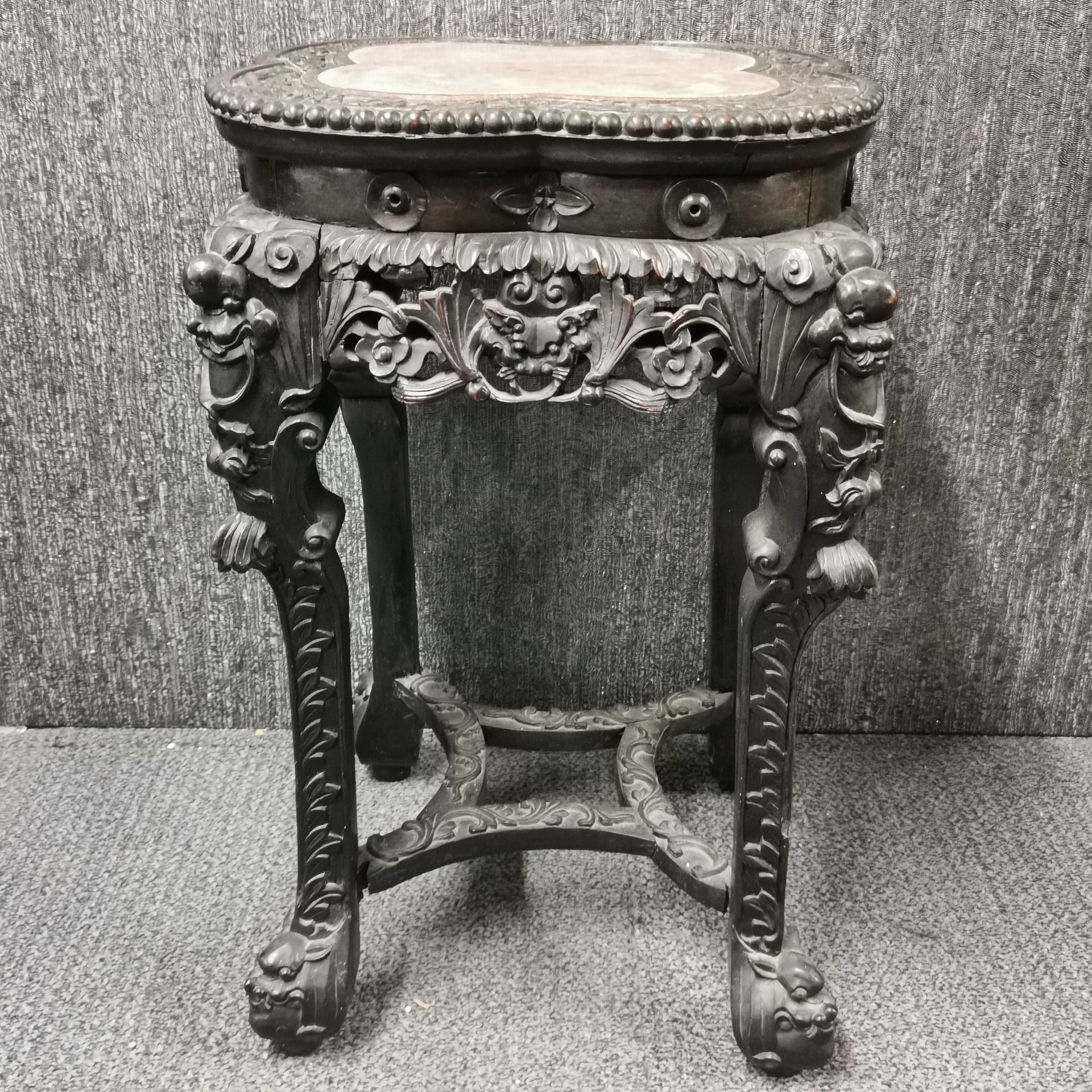 A Chinese marble topped carved hardwood table, H. 60cm. - Image 3 of 4